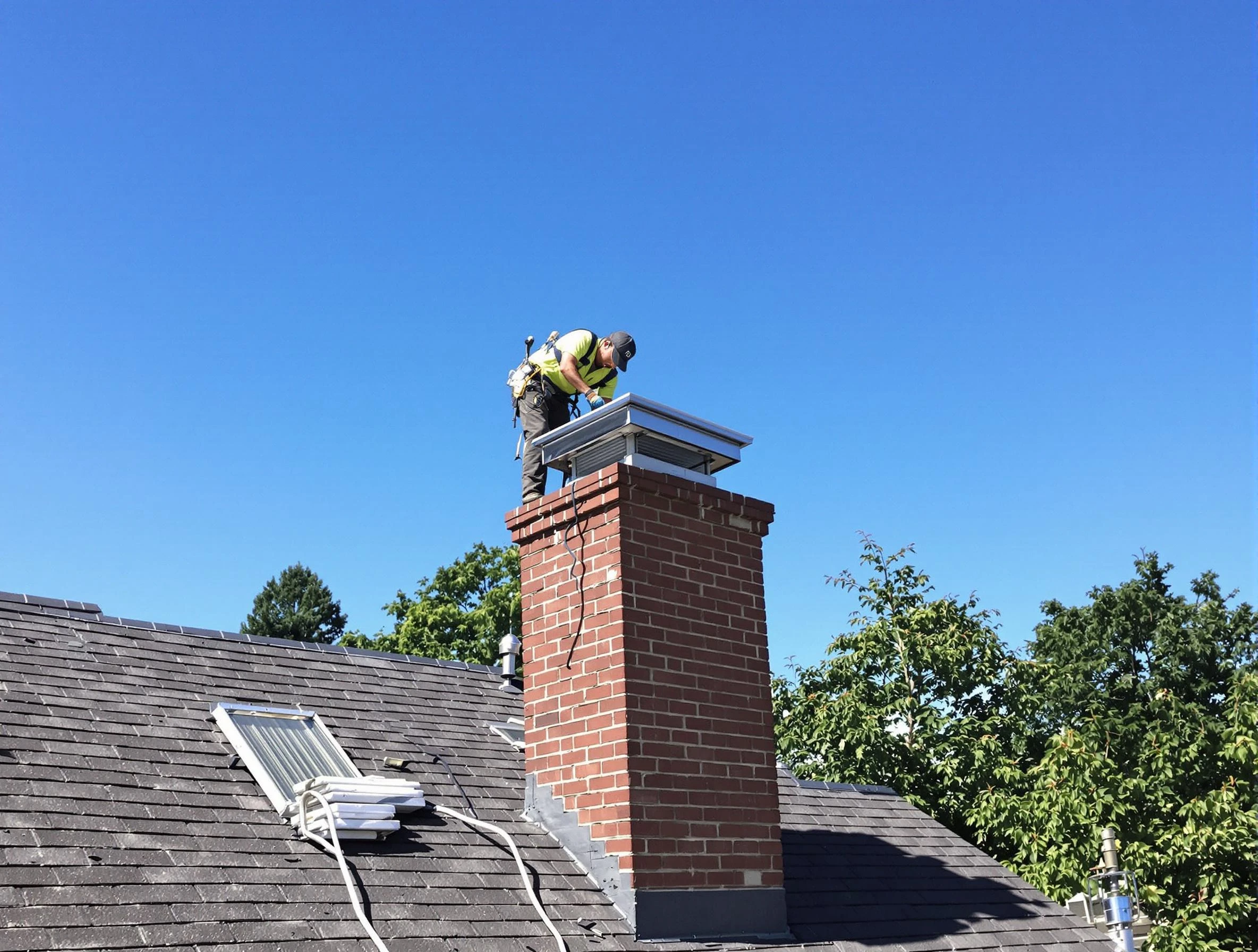 Woodbridge Chimney Sweep technician measuring a chimney cap in Woodbridge, NJ